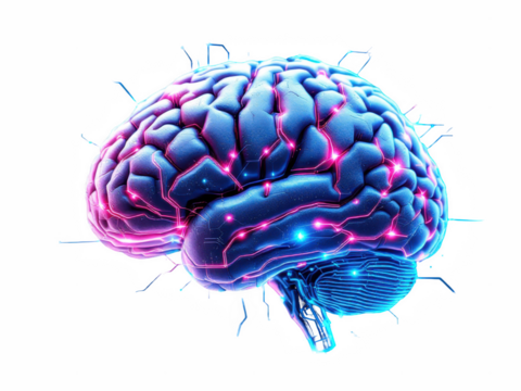 Human brain illustration for medical research and artificial intelligence concept with neon glow effect isolated white background