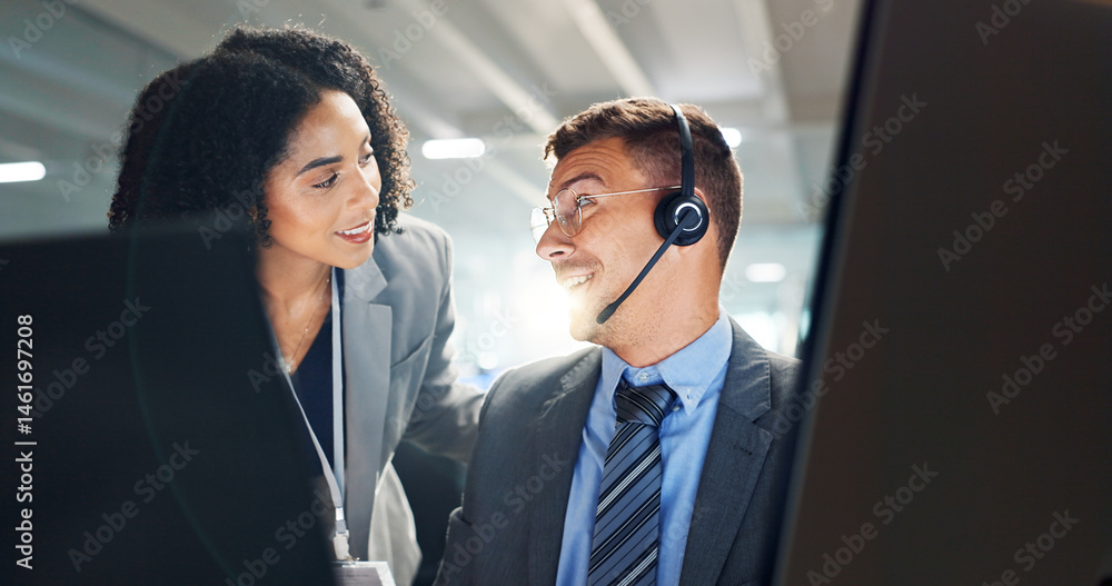 Poster customer service, call center and man with manager on computer for talking, online help and consulti