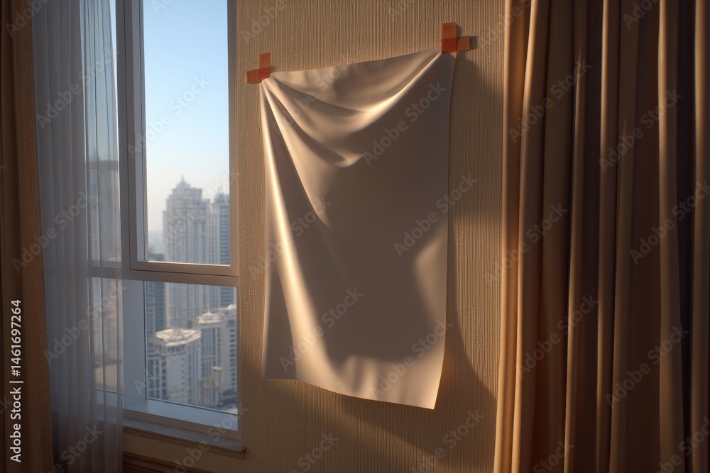 Poster a sheet of white fabric hanging on a wall by a window with city view, elegant, creating a sense of m