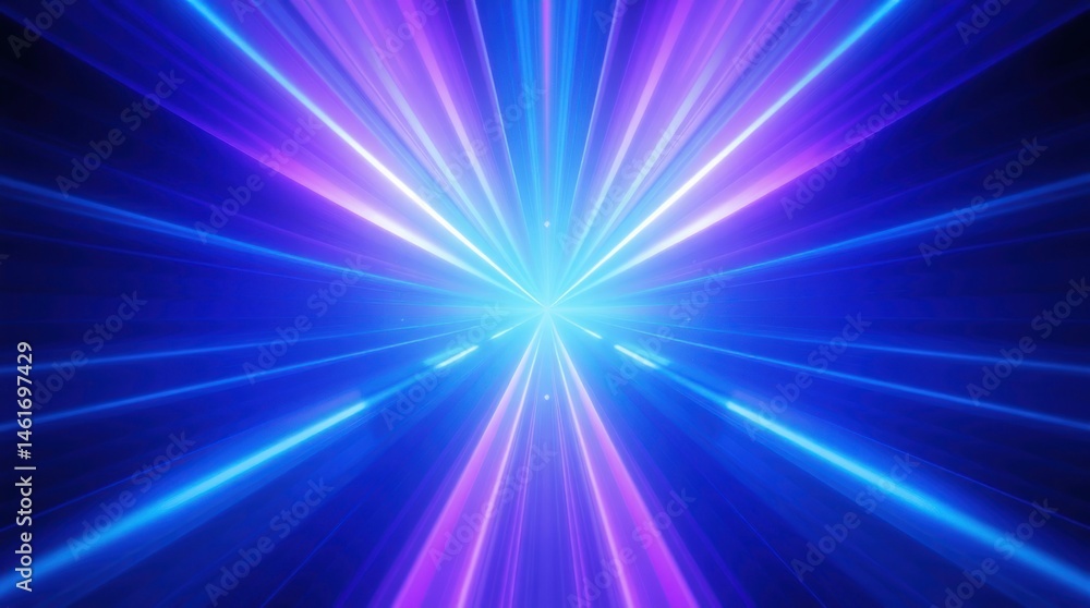 Poster abstract vibrant blue and purple light rays converging at a central point, creating a dynamic, futur