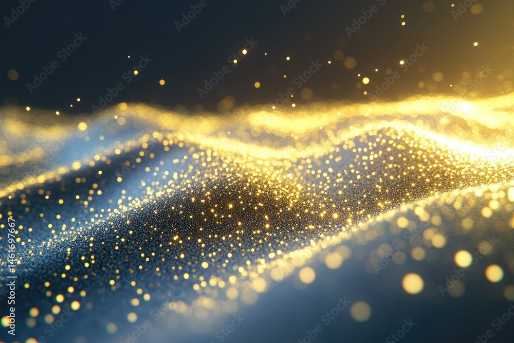 Poster abstract gold particles creating undulating waves on a dark background. a shimmering, textured surfa