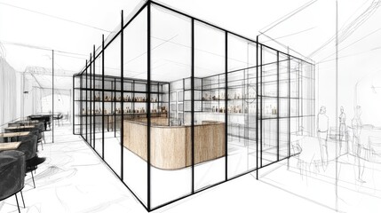 Interior design sketch of a modern bar and restaurant area.