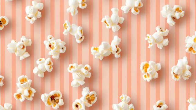 Enjoy whimsical popcorn pattern featuring popped kernels neatly arranged on peach-colored background with striking vertical strip