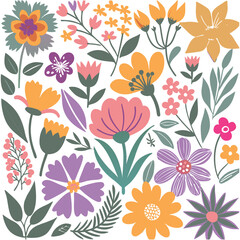 Botanical Pattern with Wildflowers, Spring  Colorful Floral Repeat Print ,Hand-Drawn Flower Pattern with Leaves and Blooms. 