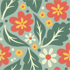 Botanical Pattern with Wildflowers, Spring  Colorful Floral Repeat Print ,Hand-Drawn Flower Pattern with Leaves and Blooms. 
