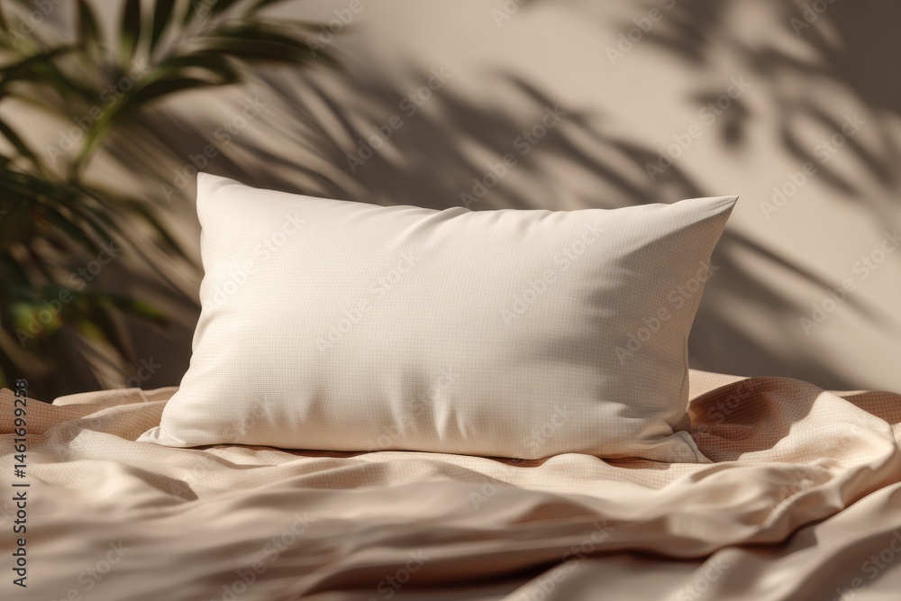 Poster cozy bedroom setting featuring a plush pillow on a soft, luxurious beige sheet with natural shadows 