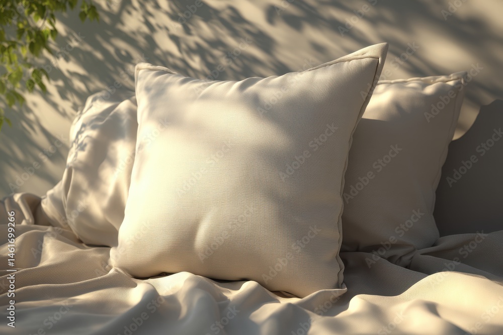 Poster two beige pillows resting on a crumpled beige blanket in sunlight, creating a soft and inviting scen