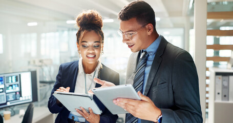 Teamwork, statistics and business people on tablet in office for stock trading, research and...