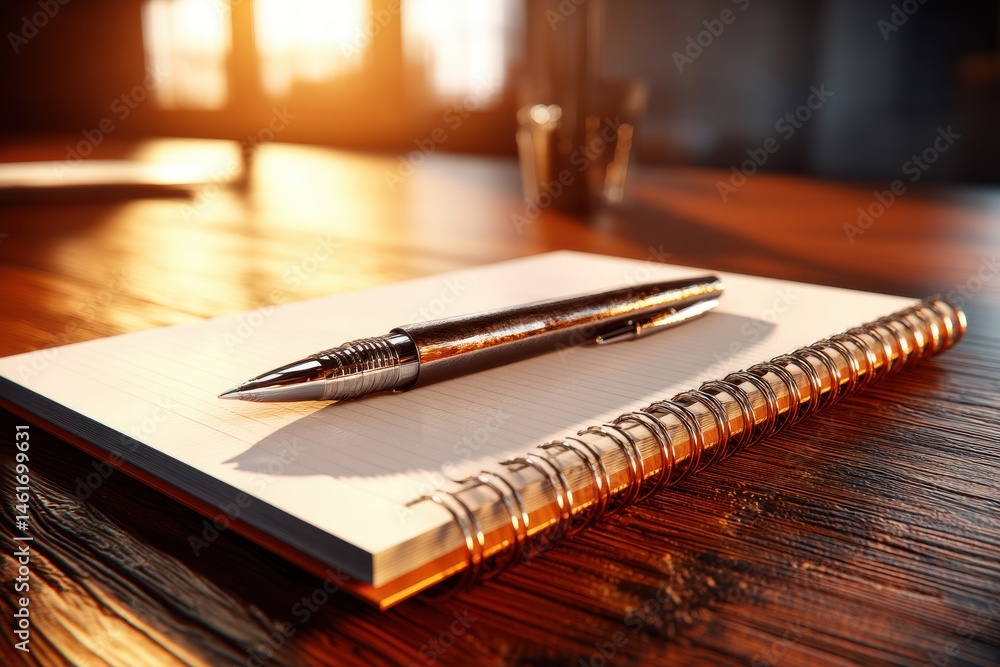 Poster a close-up view of a pen resting on a notebook, illuminated by warm sunlight, suggesting focus and c