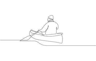 Man rowing canoe continuous one line drawing, Single continuous line drawing young man use canoe at sea. Sea activity minimalist concept. Trendy one line draw design vector graphic design.