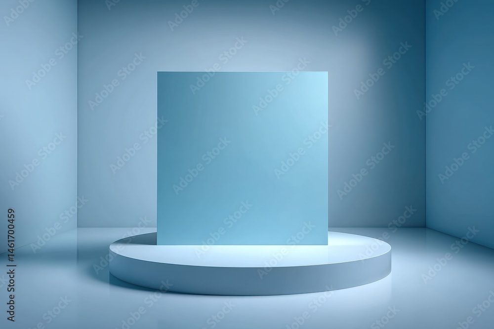 Poster elegant minimalist blue geometric scene with a square backdrop on a pedestal, creating a modern and 