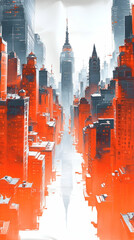 Urban cityscape, vibrant hues, stylized
