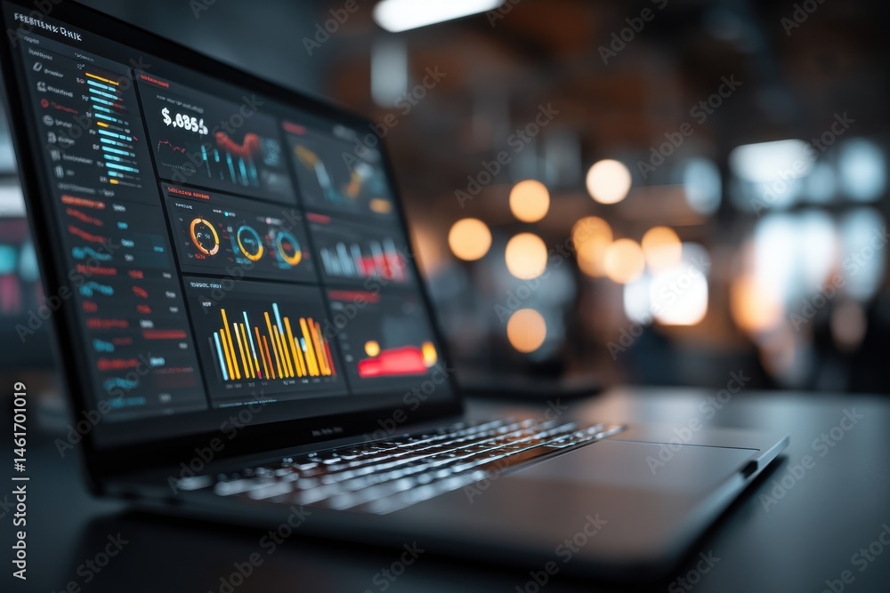 Poster a modern laptop displays dynamic data visualization dashboards, with a blurred background of bokeh l