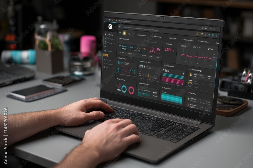 Poster close up of hands typing on a laptop displaying a financial dashboard, illustrating data analysis an