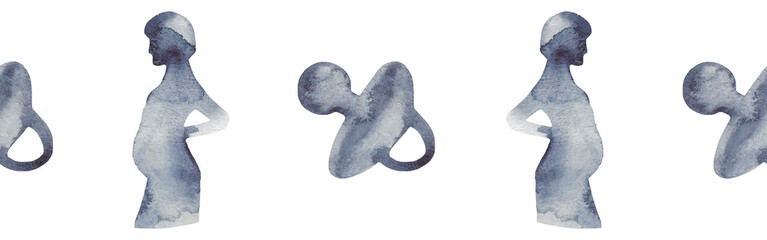 Watercolor border with silhouettes of a pregnant woman and a pacifier.Brush strokes in the form of blue silhouettes of bear.Silhouette of toy on white background.
