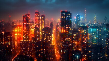 Fototapeta premium Urban high-rises glowing with lights in the dark, modern glass towers with multicolored windows, abstract night city vibe, compressed telephoto shot 