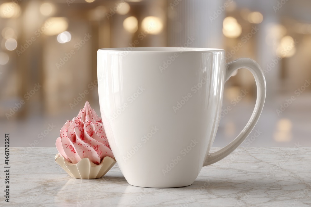 Poster a charming composition featuring a white mug and a delicate pink cupcake, evoking a sense of warmth 
