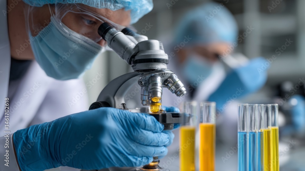 Poster researchers in lab coats and protective gear focus intently on a microscope, examining samples as co
