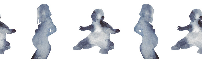 Watercolor border with silhouettes of a pregnant woman and baby.Brush strokes in the form of blue silhouettes of bear.Silhouette of toy on white background.