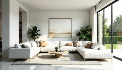 Fototapeta premium Bright white concrete living area with large window, stylish, minimal