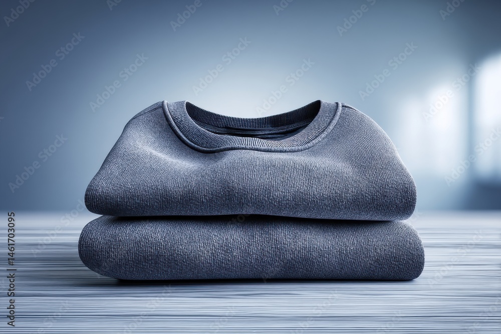 Poster a neatly folded stack of soft blue-gray sweaters on a textured light surface, showcasing clean lines