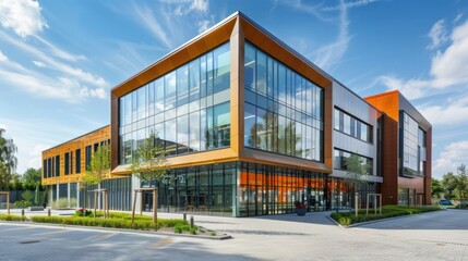 Fototapeta premium Modern commercial building with glass facade stock photo --ar 16:9 --raw --v 6 Job ID: c48e87b8-c0ec-47af-b723-2314a1568536