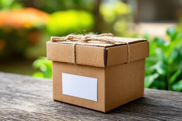 Fototapeta premium A closed cardboard box with rope on a wooden surface with a white label against blurred natural background, suggesting delivery, eco-friendly packaging, and surprise.
