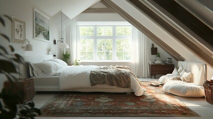 White attic master bedroom interior. 