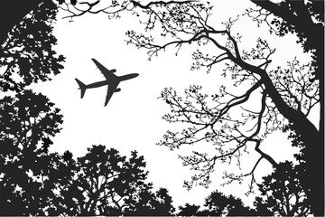 52 Black and white photography, airplane silhouette, tree canopy, leaf silhouettes, nature framing, high contrast, looking up perspective, commercial airliner, forest view, intricate branches, dramati