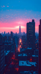 Cityscape at dawn, vibrant colors, illuminated streets, iconic skyscraper