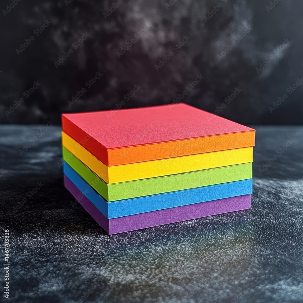 Poster stack of rainbow colored square paper sheets close up still life on dark textured background studio 