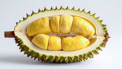 Fototapeta premium Halved Durian with Seeds Exposed isolated on white