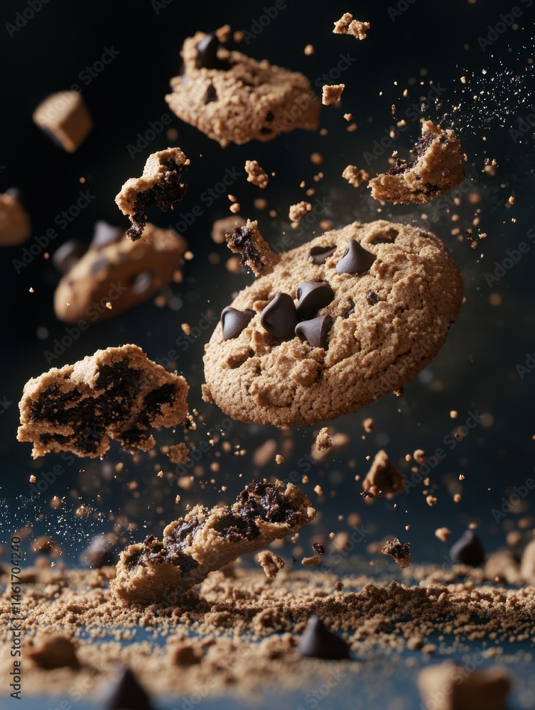 Poster exploding chocolate chip cookie in mid air with crumbs and chips flying in a studio setting dark bac