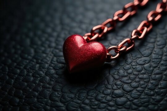 Heart chain links drape on black leather, textured surface , romance, biker, seductive