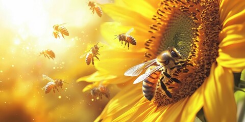 Obraz premium An orchestra of buzzing bees with violin leaves and petal drums under a sunflower spotlight.