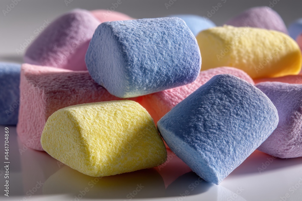 Poster close-up of colorful marshmallows with soft texture, pastel hues, creating an inviting confectionery