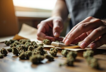 Person rolling a joint with cannabis buds on a wooden table in a cozy indoor setting