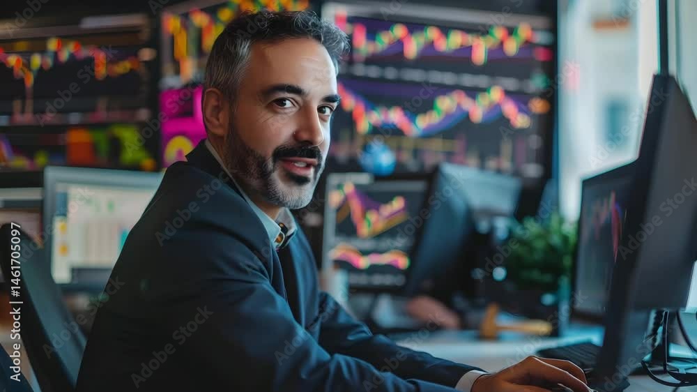 Aufkleber businessman working computer with multiple monitors showing stock market and financial charts modern
