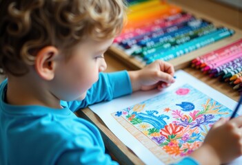 Young boy with curly hair colors a vibrant floral picture using colored pencils