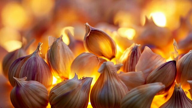 Macro of garlic cloves with glowing orange light in background.