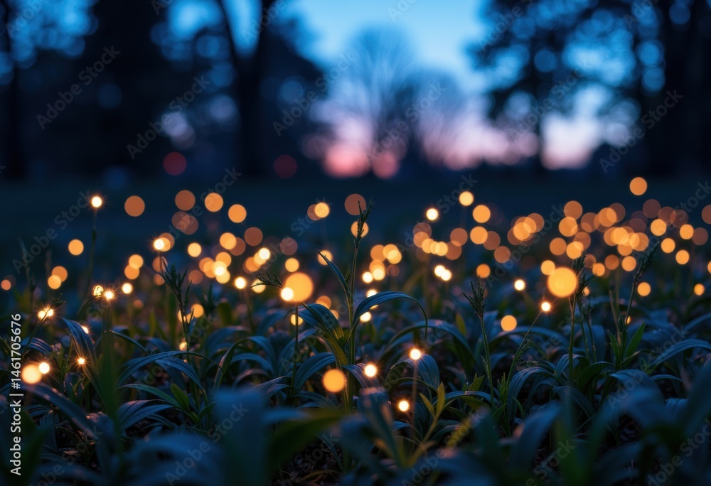 Poster glowing fireflies illuminate a field at dusk with a beautiful bokeh effect in the background