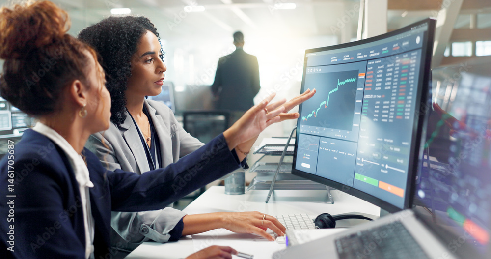 Poster employees, computer and night for finance, stock market and graphs on screen for data analytics. bus