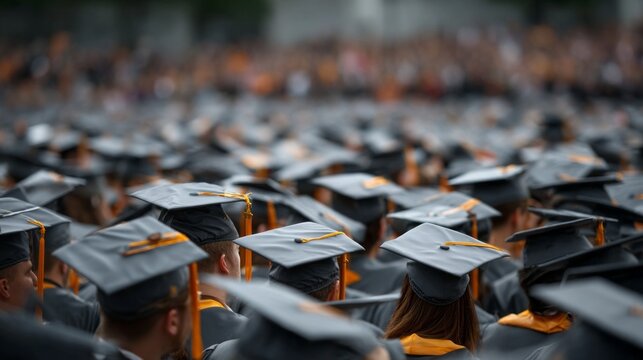 A significant gathering of graduates wearing mortarboards celebrates at a university commencement ceremony. The joyful atmosphere reflects years of hard work and accomplishment