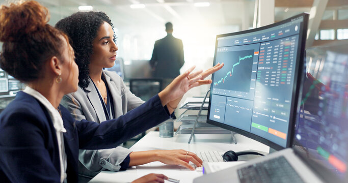 Employees, computer and night for finance, stock market and graphs on screen for data analytics. Business people, collaboration and teamwork or support, training and statistics on investment revenue