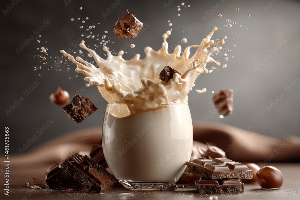 Poster a delightful splash of milk with falling chocolate pieces, creating a sweet and tempting image showc