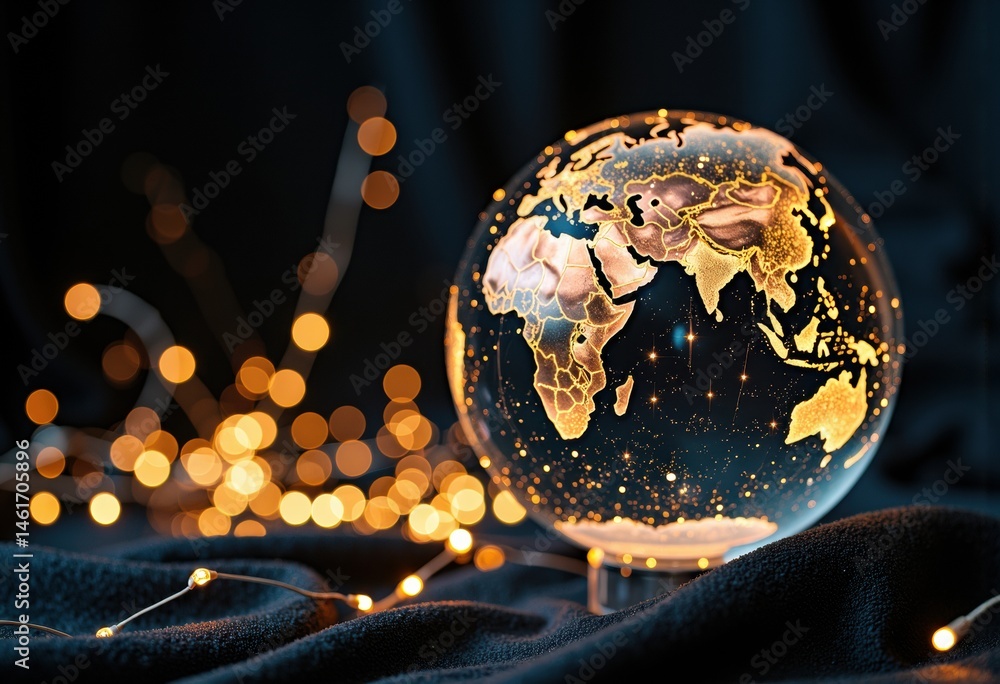 Aufkleber illuminated glass globe displaying a detailed world map with glowing lights and bokeh effects