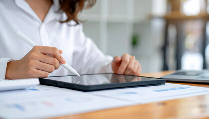 Woman using digital tablet with stylus to sign document electronically, modern technology for efficient business workflow in office environment