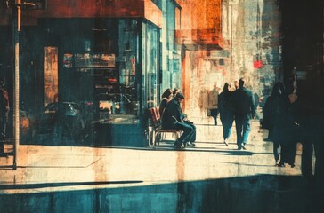 A street scene frozen in time, people interacting on the sidewalk