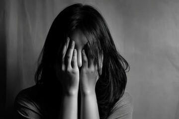A monochrome portrait of a distressed woman covering her face with her hands, conveying sadness, hopelessness, and despair, highlighting emotional vulnerability.