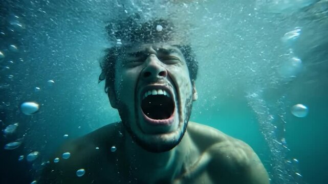 Drowning Man: A man struggles underwater, his mouth open in a silent scream, his eyes wide with terror. Bubbles rise around him, highlighting the desperation of his plight.